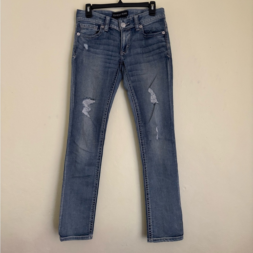 Express Distressed Skinny Jeans in Blue
